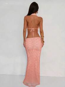 Aloruh 女士度假风深V领海星纯色纹理露背高开衩连衣裙，粉色 - 粉色 - 查看 2