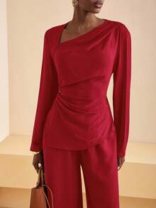 Zivah 2025秋冬新款通勤优雅休闲度假棕色不对称领褶皱长袖衬衫+高腰阔腿长裤女两件套，旅行、通勤、聚会、度假、复古风格、购物、宴会、优雅、派对、约会、休闲-A - 紅色 - 查看 8