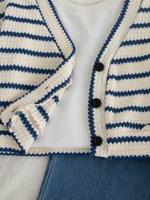 Genkimix Kids 2 件套幼儿女童秋季新款服装，条纹毛绒针织黑白超大开衫夹克，休闲直筒蓝色牛仔裤，时尚简约儿童套装 - 彩色 - 查看 8