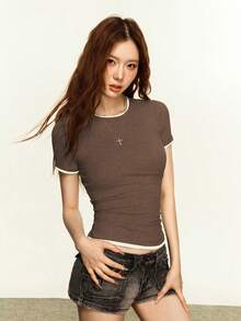Rina Fox Women's Ribbed Elastic Fitted Casual Sexy T-Shirt