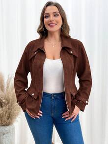 SHEIN Clasi Kurtka damska Plus Size, modna, swobodna, w jednolitym kolorze, zamszowa, z suwakiem i baskinką, jesienna