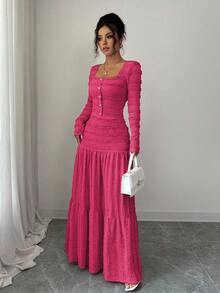 Selianne Conjunto de 2 piezas de mujer con blusa de manga larga de cuello cuadrado con botones y falda larga de línea A en tela texturizada rosa, estilo casual de vacaciones, otoño - Rosa Fucsia - Ver 3