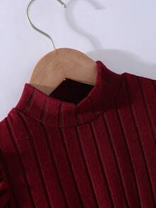 Robe pull à col roulé en tricot côtelé pour jeunes filles, manches gigot + nœud décoratif de couleur contrastée, robe minimaliste et convenant pour le printemps et l'automne - Rouge foncé - Voir 4