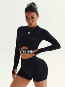 SHEIN Dewbera Women's Letter Print Cutout Raglan Long Sleeve Cropped Sports T-Shirt Workout - Black - View 3