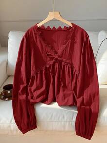 Comfortcana 女士纯色蕾丝拼接V领系带长袖衬衫，红色女式上衣 - 酒紅色 - 查看 1