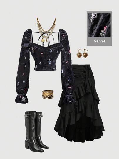 SHEIN MOD 女士碎花图案甜心领长袖时尚衬衫，适合秋冬季、感恩节、圣诞节、新年等场合。