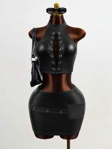 Mistrie Set de două piese pentru femei, culoare solidă, fără mâneci, cu guler înalt, sexy, punk, top scurt, decupat, fustă mini, cu nituri cu ochiuri și design cu șireturi, piele PU cu căptușeală termică subțire, și cool pentru streetwear, ținută de petrecere de Halloween, femei de toamnă, femei de iarnă.