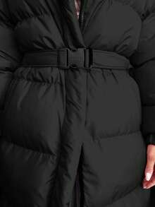 EURMUSE Belt DETAILED FUR ADDED LONG WINTERCOAT - Black - View 6