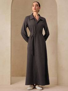 Graceveil 绿色金属装饰腰部收紧长袖优雅连衣裙 - 咖啡 - 查看 7