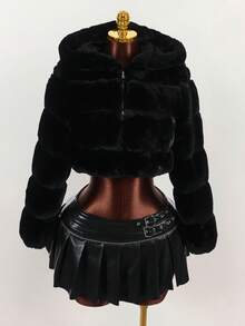 Y2K Amplova Women's Solid Color Long Sleeve Zip-Up Hooded Faux Fur Trim Short Jacket, Winter, Autumn/Winter Thanksgiving And New Year Party Dress - Black - View 3