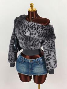 Amplova 秋冬女士时尚不对称领仿皮草豹纹夹克 - 灰色 - 查看 1