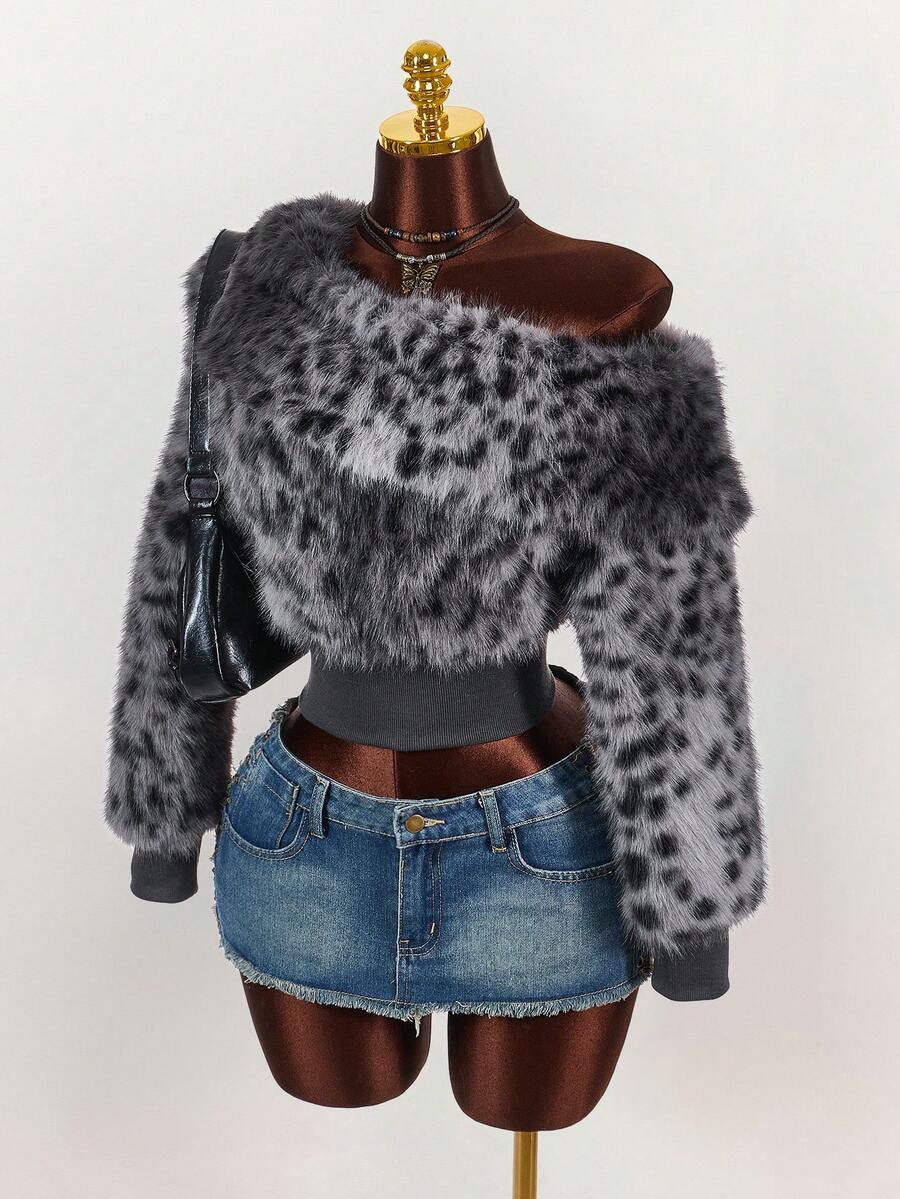 Amplova 秋冬女士时尚不对称领仿皮草豹纹夹克 - 灰色 - 查看 1