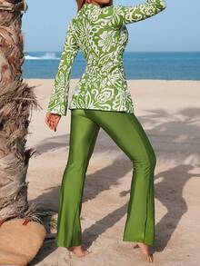 Swim Mulvari 女式新款植物印花夏季两件套连衣裙，高领，长袖，褶皱喇叭袖，紧身胸衣，中等长度泳衣，海滩度假 - 綠色 - 查看 4