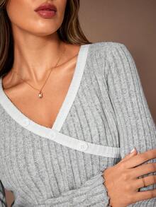 Lazeform 女士针织休闲V领撞色纽扣装饰V领长袖上衣和裤子睡衣套装，女士家居服套装，针织睡衣两件套，女士针织家居服，秋冬服装 - 彩色 - 查看 2