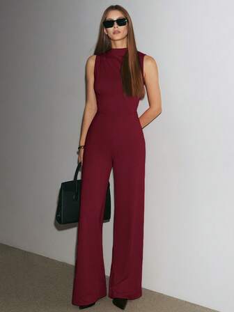 ATUI Studio Elegante mono sin mangas con pliegues y pierna ancha, color negro, versátil para uso diario, citas, salidas, fiestas, reuniones - Mono asimétrico, mono de pierna ancha, mono romántico, mono casual, mono elegante