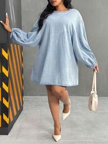 Slaydiva 大码女式圆领落肩长袖休闲宽松牛仔连衣裙 - 藍色 - 查看 6