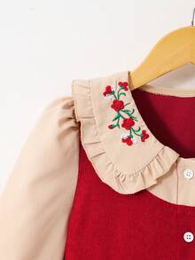 SHEIN Tween Girl Color Block Puff Shoulder Long Sleeve Peter Pan Collar Button Front Dress - Burgundy - View 5