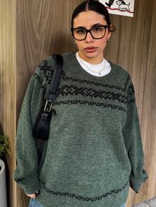 Dazy Plus Plus Size Women Loose Fit Patterned Jacquard Colorblock Christmas Holiday Pullover Sweater, Autumn/Winter