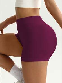 Core Rhythm 1 件红色腰带运动短裤，无缝针织高弹力舒适瑜伽、健身、户外运动 - 中紫紅色 - 查看 5