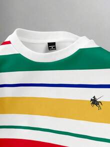 Manfinity Joysei 男士时尚彩色条纹小Logo套头卫衣，适合秋冬季节、上学、休闲、送朋友，长袖上衣