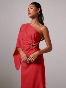 COSMINA 女士优雅金属扣不对称连衣裙 - 紅色 - 查看 6