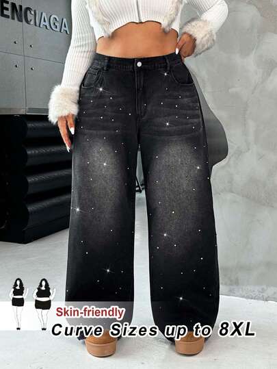 SHEIN CURVE+ 女士加大码黑色水钻宽松牛仔裤，适合秋冬季节，闪亮牛仔裤，新年服装，圣诞节服装