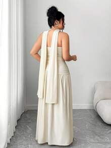 Váy dài Elenzga thanh lịch, vải bóng mới, dáng rộng, không dây, xếp ly eo, xẻ tà, thích hợp cho đám cưới, tiệc tốt nghiệp, hẹn hò và kỳ nghỉ - Màu be - Xem 2