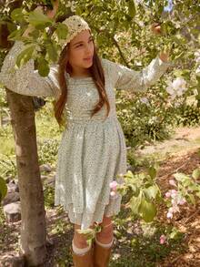 Teen Girls' Spring/Autumn Gingham Print Fitted Bubble Sleeve Crew Neck Casual Dress For Outing, Party, Vacation - Baby Blue - View 5