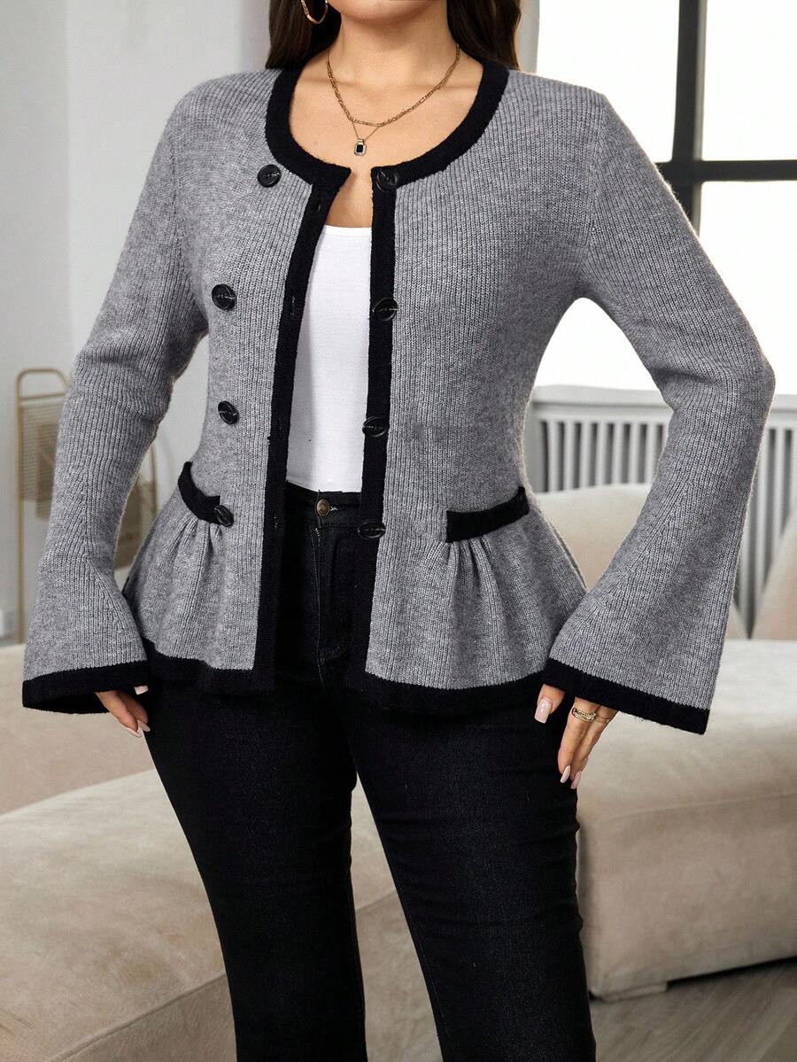 Modelyn Áo khoác cardigan tay loe viền màu thanh lịch cỡ lớn dành cho người đi làm - Xám - Xem 1