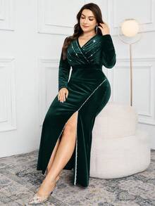 Modelyn Plus Size Women's Elegant Party Rhinestone V-Neck High Slit Maxi Dress - Dark Green - View 6