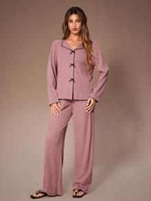 SHEIN 女士罗纹磨毛V领蝴蝶结长袖长裤睡衣套装，秋冬曲线睡衣套装，女士长袖睡衣两件套，舒适睡衣套装，长袖家居服套装，秋季服装 - 藕粉色 - 查看 4