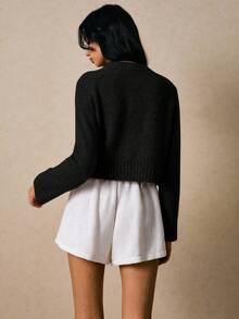 Poéselle 女士时尚浪漫复古优雅简约百搭针织套头毛衣，秋冬必备单品，女士毛衣套头衫，短款毛衣，黑色毛衣，秋季女装 - 黑色 - 查看 4