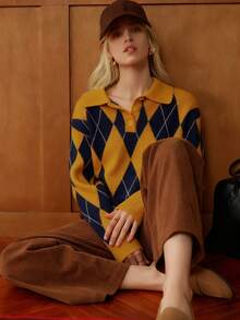Écloséra 法式复古宽松Polo领长袖针织拼色菱形图案半扣设计卡其色女套头衫，秋冬 - 黃色 - 查看 4