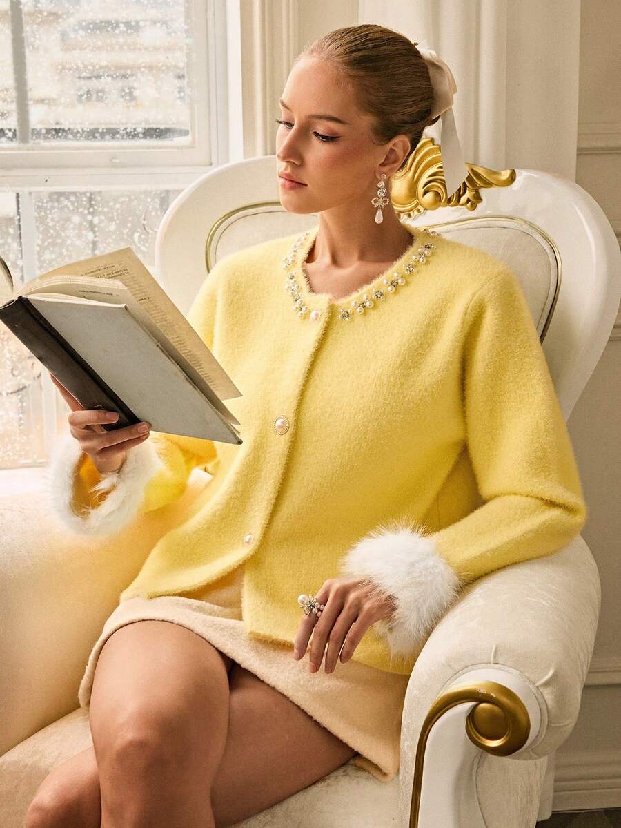 Chiquease 女士圆领时尚装饰开衫，黄色 - 黃色 - 查看 1