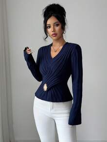 Elenzga Women's Ribbed V-Neck Long Sleeve Sweater, Fashionable For Autumn/Winter - Navy Blue - View 3