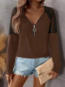 SHEIN LUNE Women's Autumn Splice Shoulder Zip V-Neck Raglan Long Sleeve Casual Knit T-Shirt - Brown - View 3