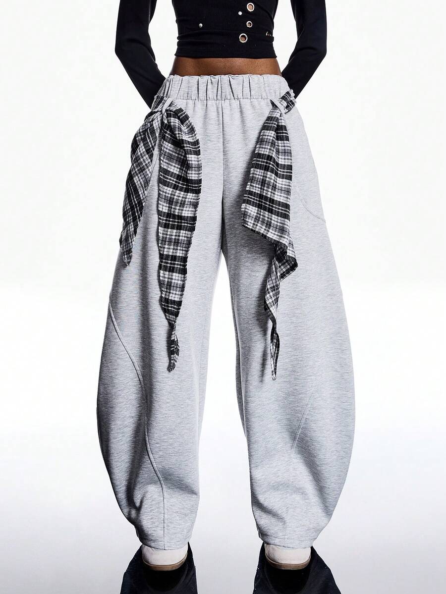 LYSMO 2025新款极简秋季女式弹力腰宽腰带宽松阔腿弧形剪裁休闲运动裤，带口袋，户外运动风格，简约休闲，时尚百搭/冬季女装/圣诞节/圣诞节女装/圣诞节/新年/新年/新年女装/新年/新年女装/感恩节女装/感恩节/毕业季/时尚女裤/时尚女裤/时尚系列 - 淺灰色 - 查看 1