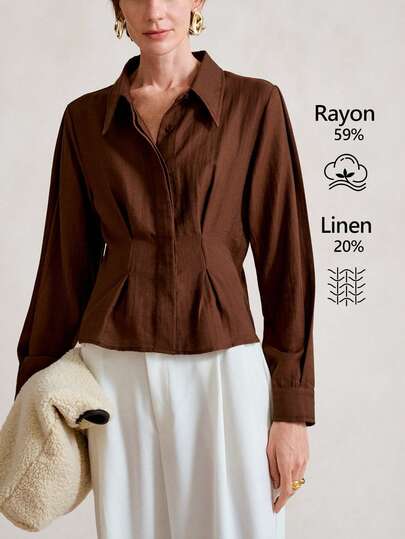 SHEIN Stylify Áo cánh dài tay nhún eo, cổ bẻ, cài nút, chất liệu vải lanh pha trộn dành cho nữ, lấy cảm hứng từ phong cách cổ điển Pháp, phù hợp mặc nơi công sở, thường ngày, đi làm, phong cách đường phố, phối đồ, thu đông, thích hợp cho Halloween, Giáng sinh, Lễ tạ ơn, tiệc trà chiều