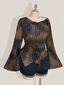 SHEIN ICON 秋季女式加大码西部波西米亚风复古哥特露肩外出扎染印花不对称下摆长袖喇叭袖时尚T恤 - 彩色 - 查看 5