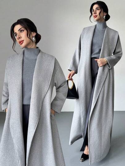 Firerie 女士优雅简约通勤休闲都市时尚翻领口袋长款灰色大衣，秋冬