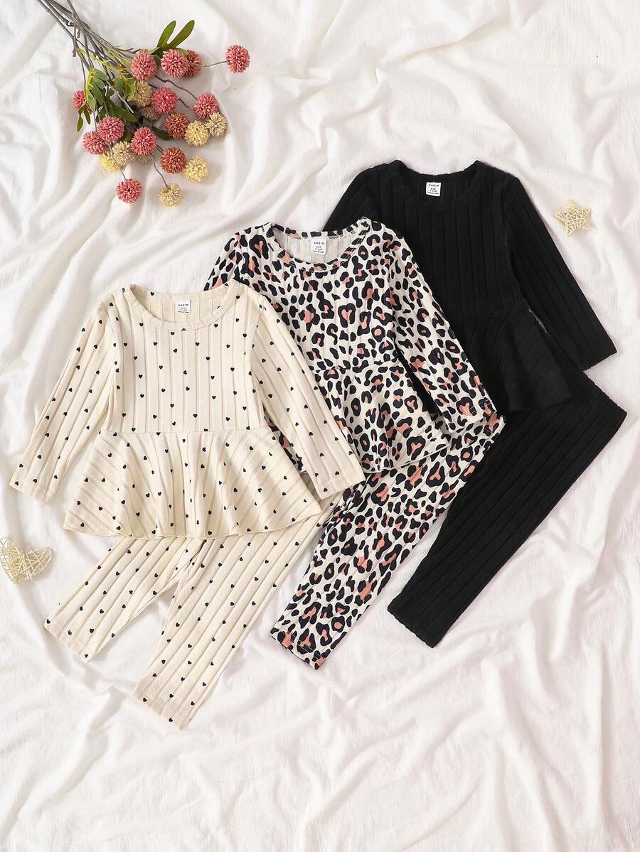 6pcs Baby Girls Casual Solid Color Long Sleeve T-Shirt And Pants Set, Comfortable For Autumn/Winter, Back To School, Christmas, Fall Outfit Cheetah Print Baby Clothes Animal Print Clothes Toddler Cheetah Print Pajamas - Multicolor - View 1