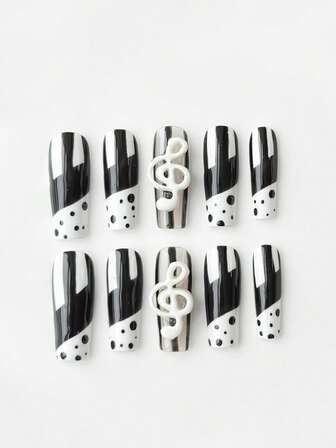 Kawaii 10pcs Cute Wing, Music Note, Star Lace Edged Polka Dot Handpainted High-Quality False Nails + 3pcs Double-Sided Adhesive, Removable & Reusable Coffin Shaped Fake Nails, Bowknot Element Nail Stickers, Suitable For Holidays, Parties, Dancing And Daily Wear