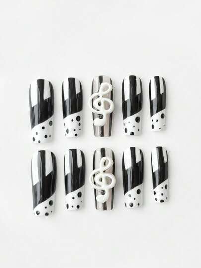 Kawaii 10pcs Cute Wing, Music Note, Star Lace Edged Polka Dot Handpainted High-Quality False Nails + 3pcs Double-Sided Adhesive, Removable & Reusable Coffin Shaped Fake Nails, Bowknot Element Nail Stickers, Suitable For Holidays, Parties, Dancing And Daily Wear
