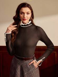 Vintamour Pull vintage classique élégant pour femme, pull tricoté avec bordure à volants de couleur contrastée, pull boutonné couleur abricot et café, vêtements d'automne/hiver marron, vêtements d'automne, vêtements d'hiver pour femmes - Marron - Voir 7