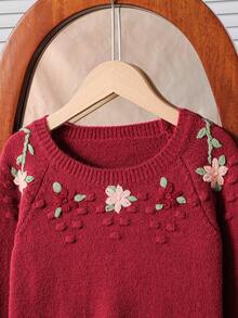 女童乡村手工刺绣可爱圆领长袖针织毛衣上衣，秋冬 - 酒紅色 - 查看 4