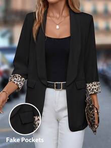 Editum Leopard Print Shawl Collar Open Front Blazer In Fall/Winter