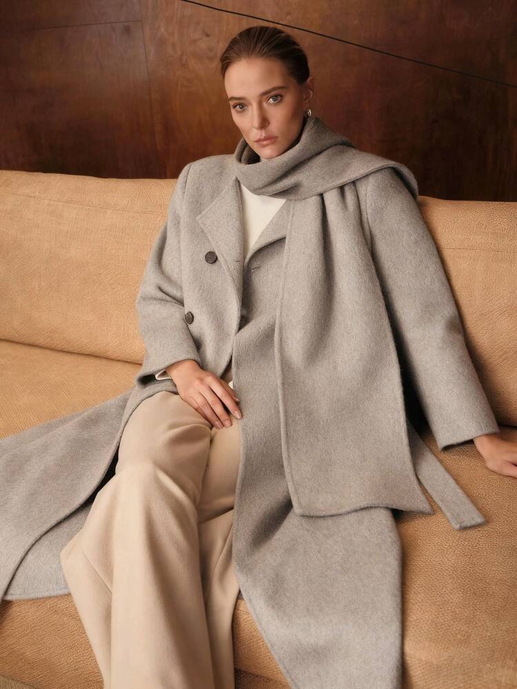 WOOL DOUBLE BREASTED PLACKET BELTED OVERCOAT WITH SCARF
