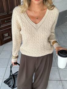 Chiquease Women's Retro French Style Twist Cable Knit Long Sleeve Sweater, Autumn/Winter - Apricot - View 1