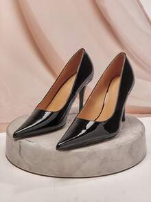 SHUZIA Tacones de aguja de patente PU artificial de punta minimalista para mujer - Negro - Ver 4