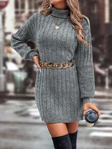 Chiquease 女士时尚休闲高领毛衣裙，秋冬 - 灰色 - 查看 6